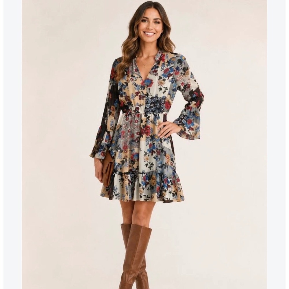 Calvin Klein Women Floral Patchwork Bell Sleeve Ruffle Mini Dress Size 2